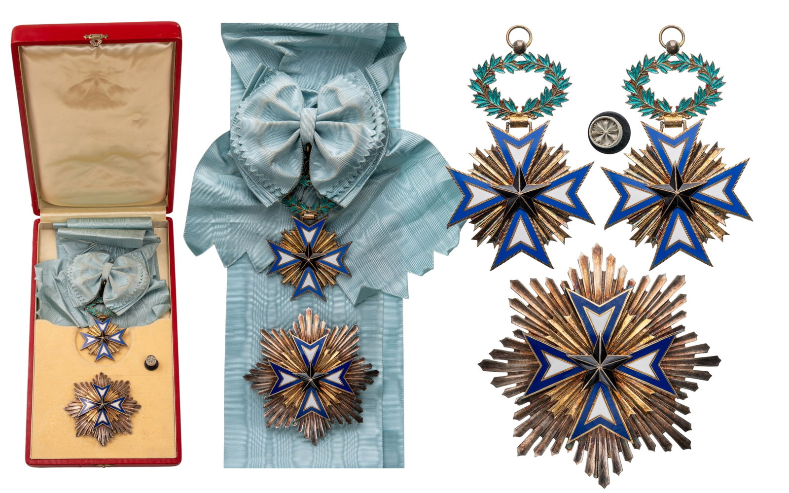 Order of the Black Star: Grand Cross Set, instituted in 1889. Sash Badge, 85x55 mm, gilt Silver, both sides enameled, original suspension ring, loop and sash with bow. Breast Star, 88 mm, Silver, original pin on reverse and