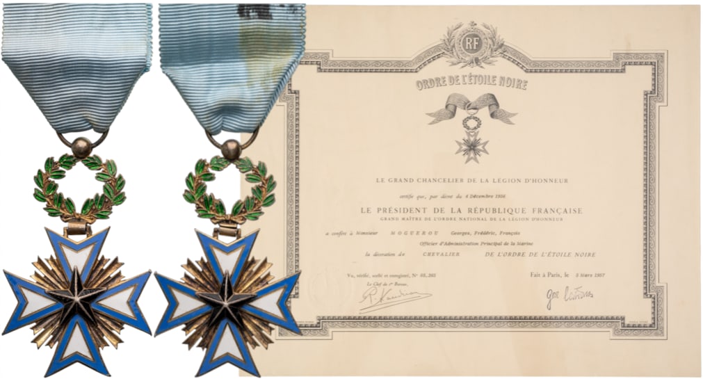 Order of the Black Star: Knight's Cross, instituted in 1889. Breast Badge, 60x37 mm,, gilt Silver, both sides enameled, original suspension ring and ribbon, together with awarding document to a Navy Principal administration