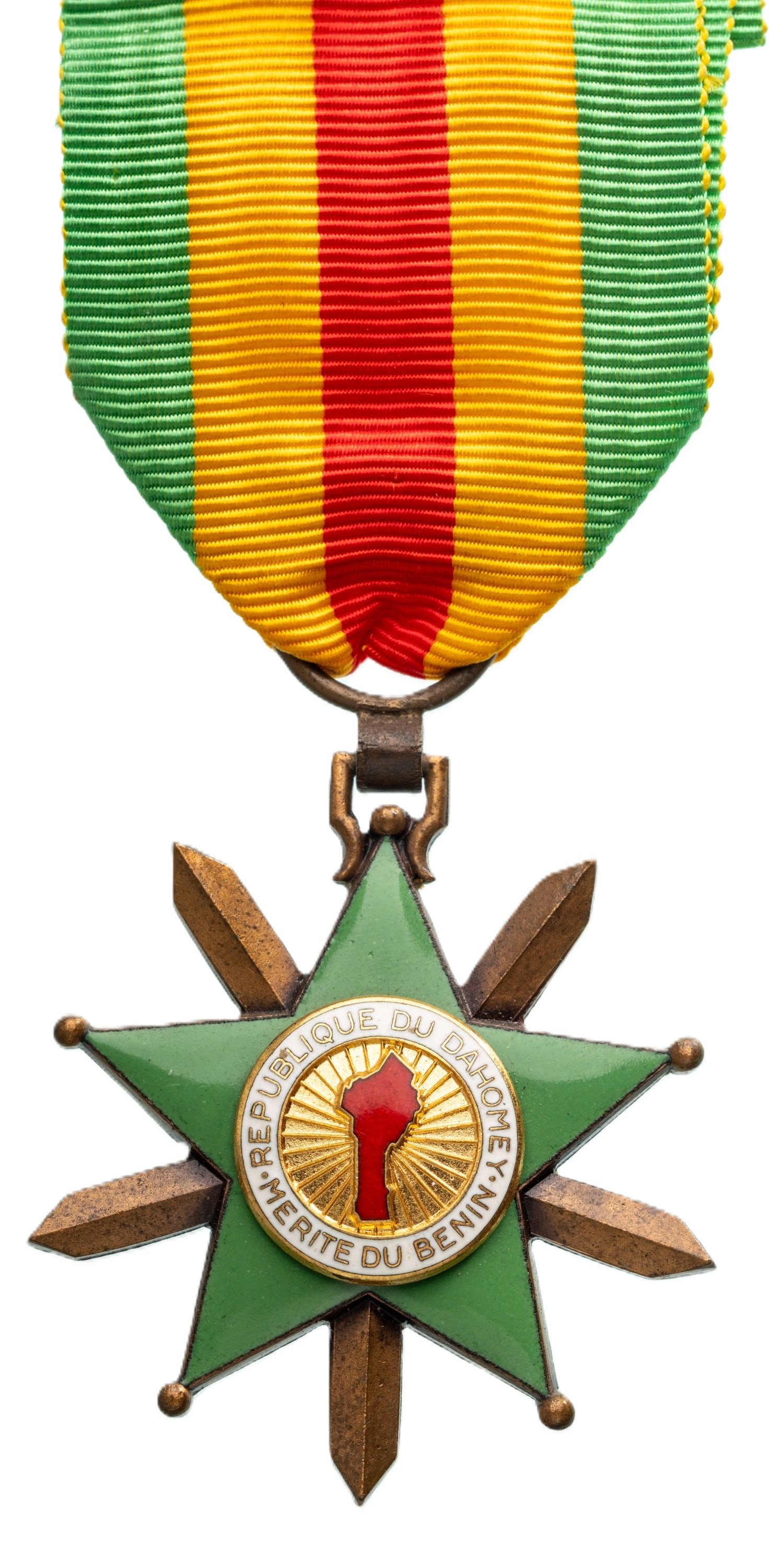 Order of Merit of Benin: Knight's Cross, instituted in 1961. Breast Badge, 43x39 mm,, gilt Bronze, one side enameled, original suspension ring and ribbon. Extremely fine condition! I