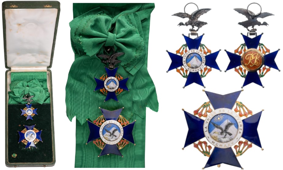 The Order of the Condor of the Andes: Grand Cross Set, 1st Class, instituted in 1925. Sash Badge, 75x52 mm, mm, gilt Silver, both sides enameled, both central medallions gilt Silver, enameled, original suspension eagle, ring and sash.