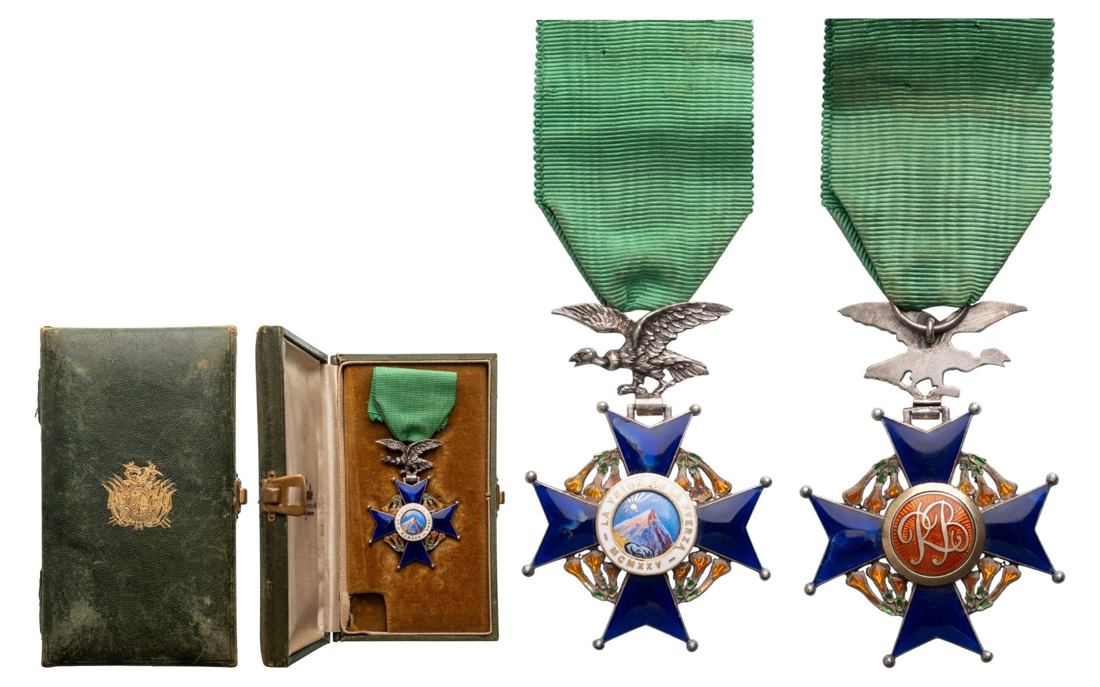 The Order of the Condor of the Andes: Knight's Cross, 5th Class, instituted in 1925. Breast Badge, 62x22 mm, Silver, enameled (damage), original suspension eagle, ring and ribbon, in case of issue by "La Royale, Rio de Janeiro" with gilt 