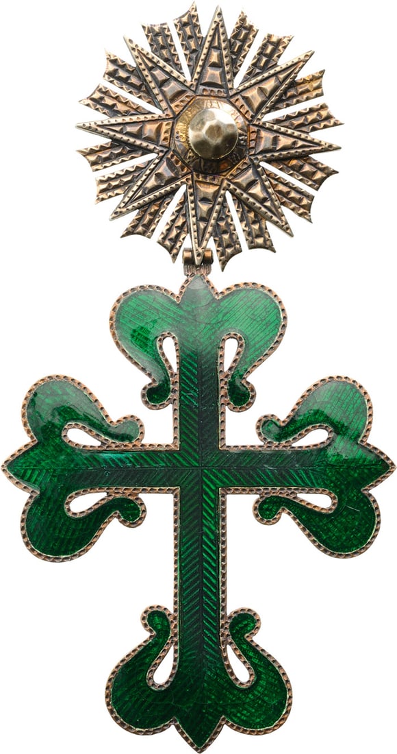 Royal Order of Aviz: Badge of the Order. Neck Badge, 134x70 mm., finely chiselled and engraved gilt Silver cross, green enameled to the obverse side, hinged suspension in the form of an eight-pointed star with straight be