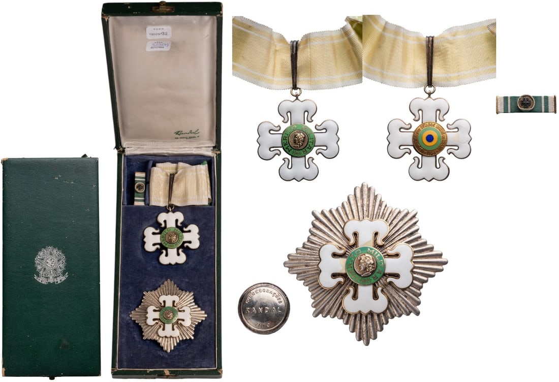 ORDER OF MILITARY MERIT: Grand Officer's Set, 2nd Class, instituted in 1934. Neck Badge, 60x55 mm, gilt Silver, enameled, both central medallions gilt silver, enameled, original suspension loop and neck ribbon with lapel hole