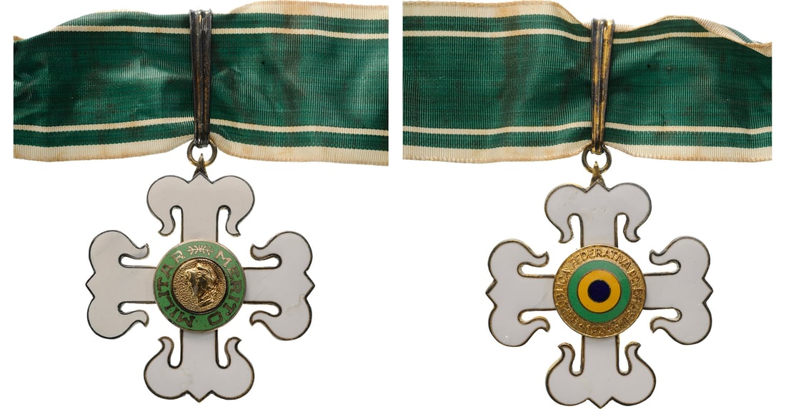 ORDER OF MILITARY MERIT: Commander's Cross 3rd Class, instituted in 1934. Neck Badge, 61x56 mm, gilt Silver, enameled, both central medallions gilt silver, enameled (minor restorations), original suspension loop and neck ribb