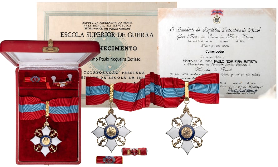 ORDER OF NAVAL MERIT: Commander`s Cross, instituted in 1934. Neck Badge, 62x26 mm, gilt Silver, enameled, original suspension ring and ribbon, in case of issue by "Condal - Rio", with 2 lapel bars, together with awarding d