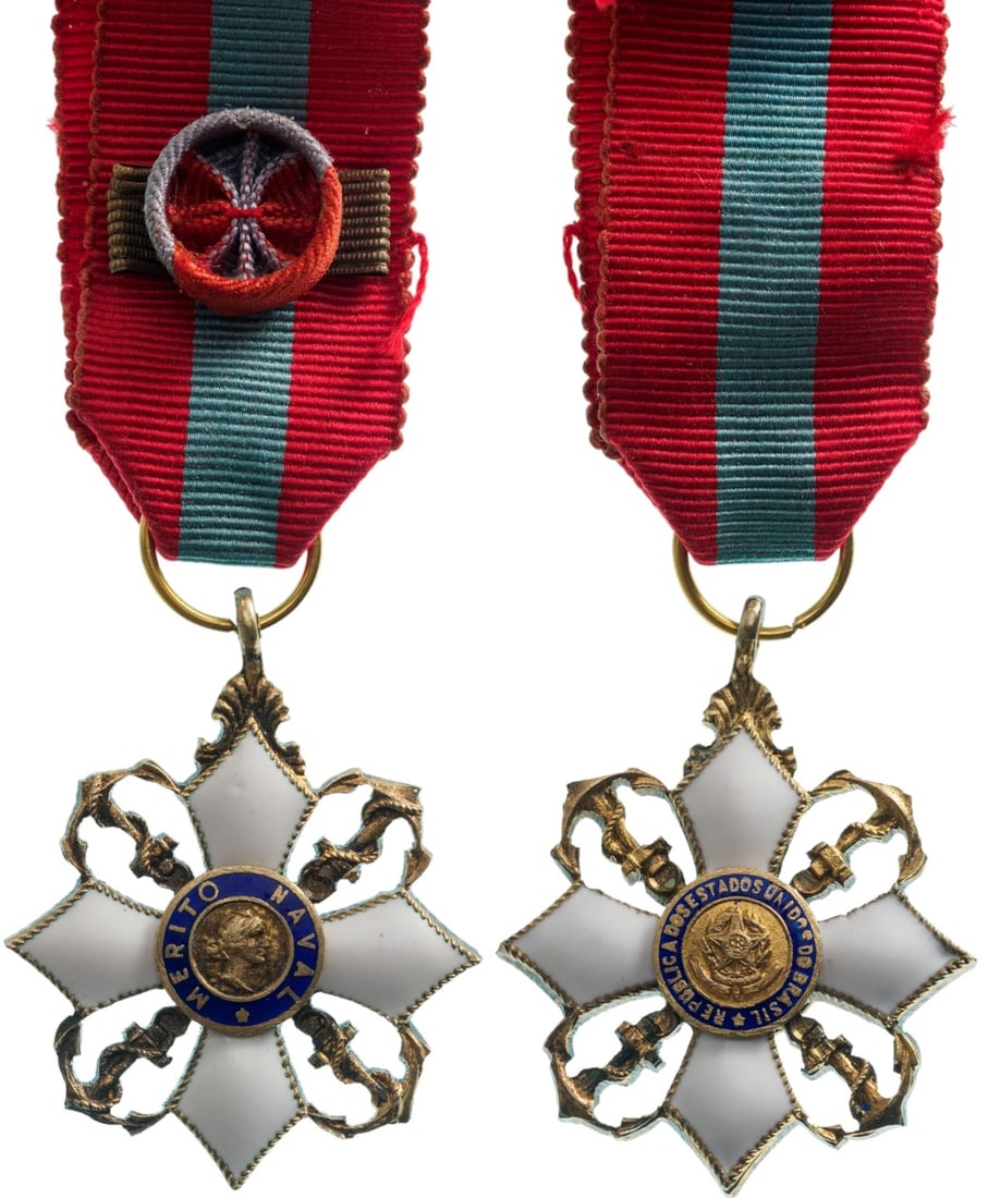 ORDER OF NAVAL MERIT: Commander`s Cross, instituted in 1934. Breast Badge Miniature, 32x26 mm, gilt Silver, enameled, original suspension ring and ribbon with rosette. A very large and superb miniature! I