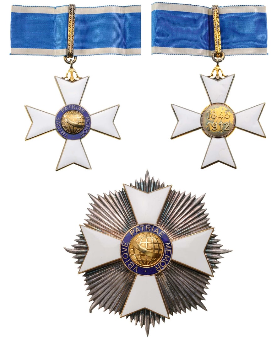 ORDER OF RIO BRANCO: Grand Officer's Set, 2nd Class, instituted in 1963. Neck Badge, gilt Silver, 70x62 mm, enameled, original suspension loop and ribbon. Breast Star, 78 mm, gilt Silver with smooth rays, superimposed par