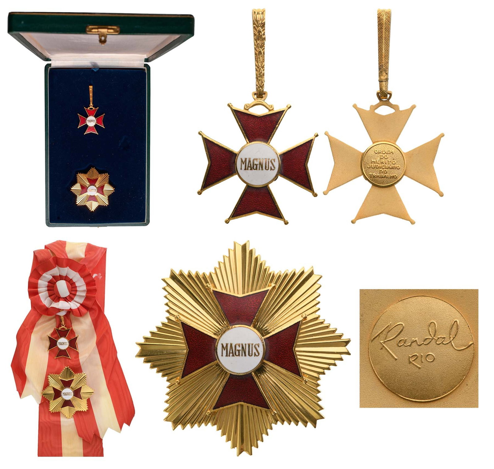 ORDER OF JUDICIARY LABOUR MERIT: Grand Cross Set, 1st Class. Sash Badge, 53x46 mm, gilt Bronze, one-side enameled, both central medallions gilt and inscription on reverse, original suspension loop and complete sash. Breast Star, 75 m