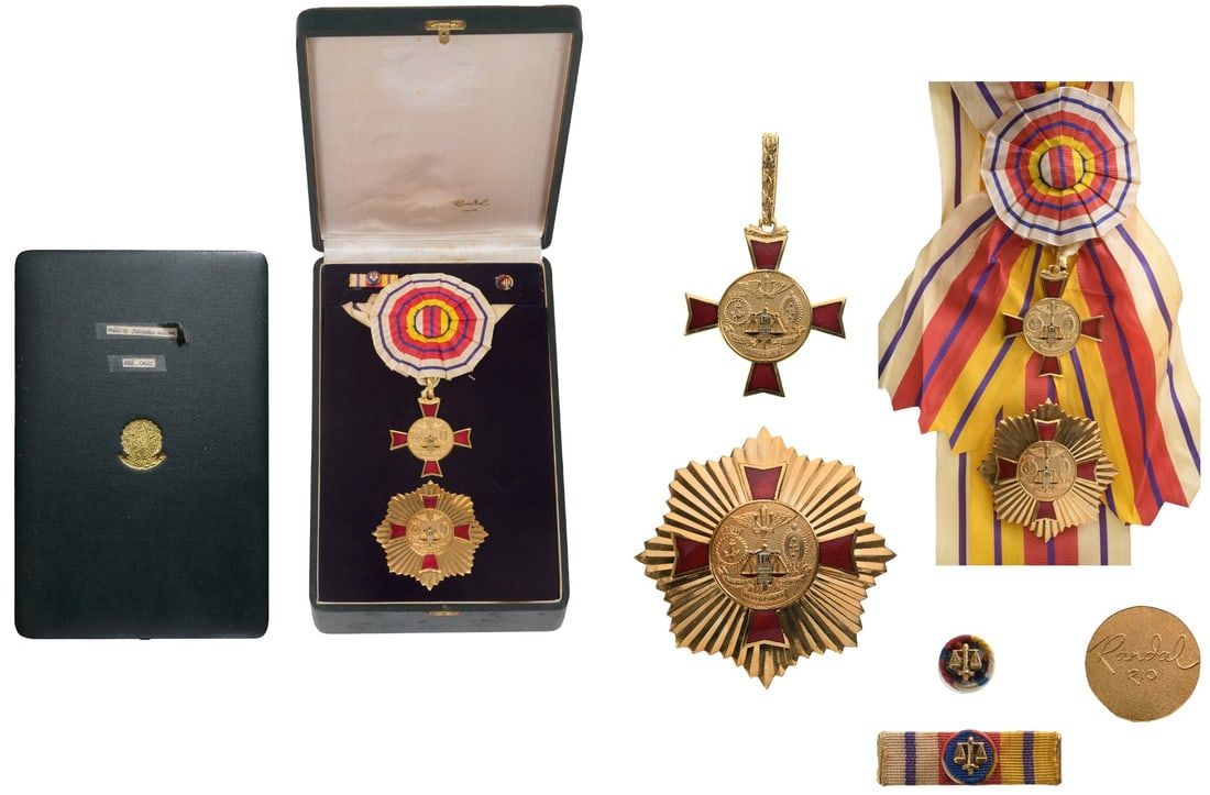ORDER OF JUDICIARY MILITARY MERIT: Grand Cross Set, 1st Class. Sash Badge, 59 mm, gilt Bronze, one-side enameled,central medallions gilt, original ornamented suspension loop and sash. Breast Star, 82 mm, gilt Bronze, maker's mark "Rand