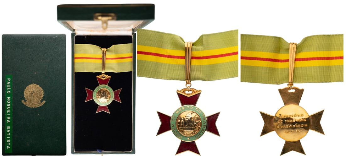 ORDER OF LABOUR MERIT: Commander's Cross, 3rd Class. Neck Badge, 55x50 mm, gilt Bronze, original suspension ring, loop and ribbon, in case of issue by "Condal - Rio" with gilt weapon on the lid, awarded to a Brazilian Minis