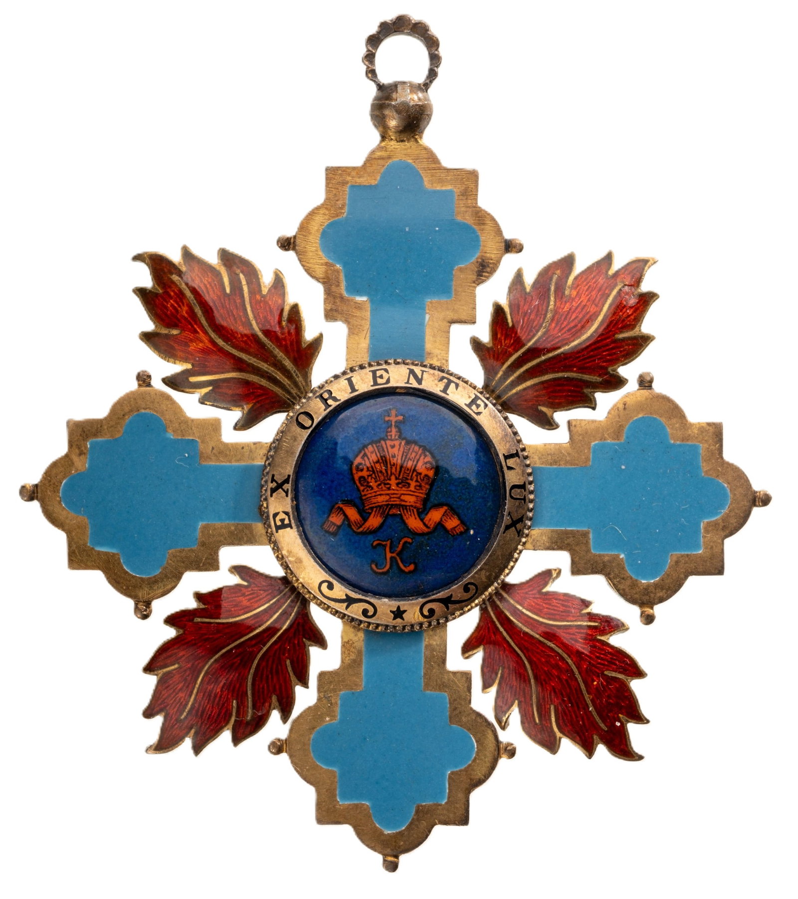 Private Society of the Order of St Cyril and Methodius: Neck Badge, 68x60 mm., gilt Bronze, one sided pale blue enameled arms with finely outlined border, the medallionâ??s outer circlet with dark blue enameled â??EX ORIENTE LUXâ?? motto and centre in t
