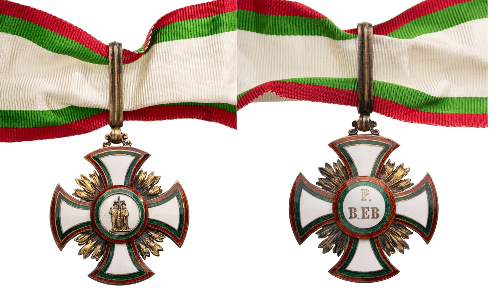 Catholic Order of St Cyril and Methodius: Commander's Cross, instituted in 1909. Neck Badge, 48x44 mm., gilt Silver, enameled, original suspension loop and long riboon, extremely fine condition and scarce! R! I