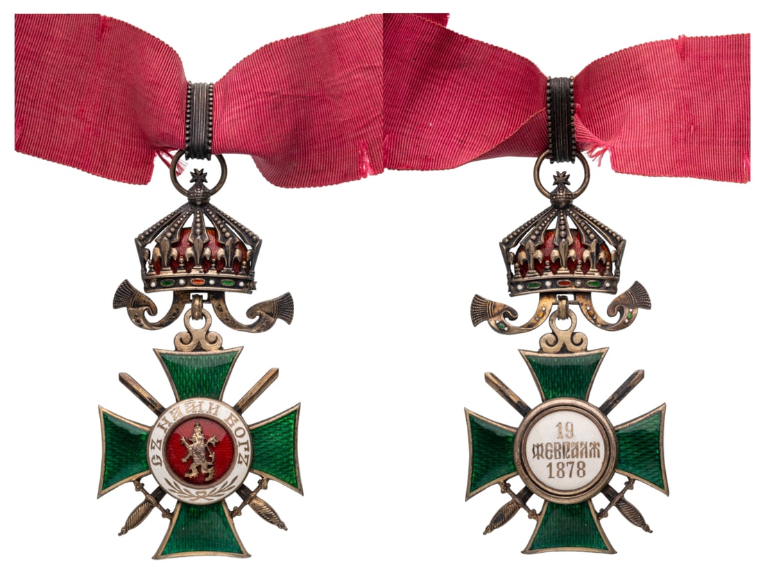 Order of Saint Alexander: Commander's Cross, 3rd Class, 2nd Type, for Military in Time of War, instituted in 1882. Neck Badge, 94x50 mm, gilt Silver, both sides enameled, original suspension ring, loop and damaged ribbon. Very