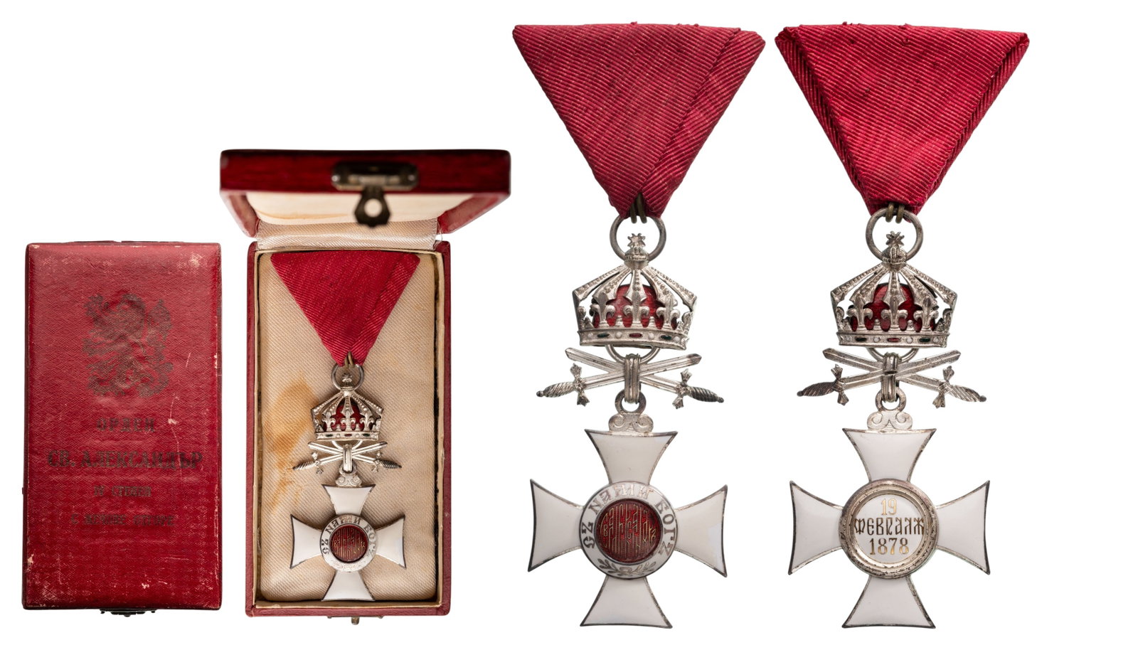 Order of Saint Alexander: Knight's Cross with Crown for Military in Time of Peace, 5th Class, instituted in 1882. Breast Badge, 76x39 mm, Silver, original suspension swords, crown, ring and triangular ribbon, in case of Issue,