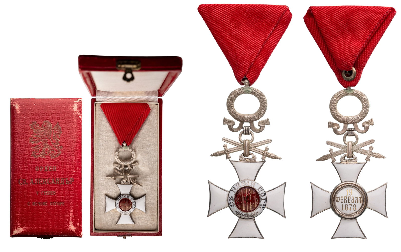 Order of Saint Alexander: Knight's Cross for Military in Time of Peace, 5th Class, Republic Model, instituted in 1882. Breast Badge, 79x39 mm, silvered, original suspension swords, wreath and triangular ribbon, in case of Issu