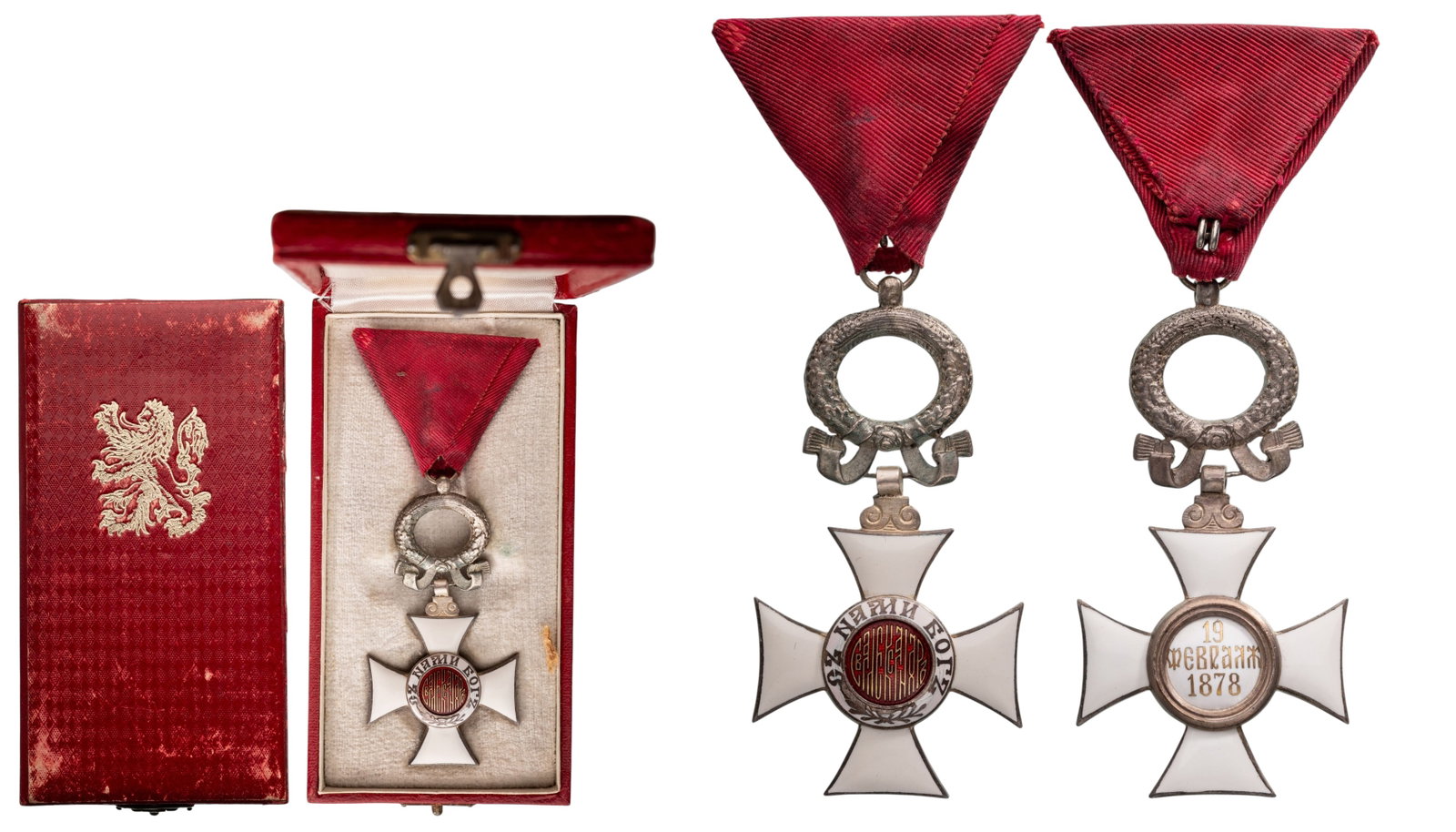 Order of Saint Alexander: Knight's Cross for Civil, 5th Class, Republic Model, instituted in 1882. Breast Badge, 75x39 mm, Silver, original suspension wreath, ring and triangular ribbon, in case of Issue, with gilt weapon. Ver