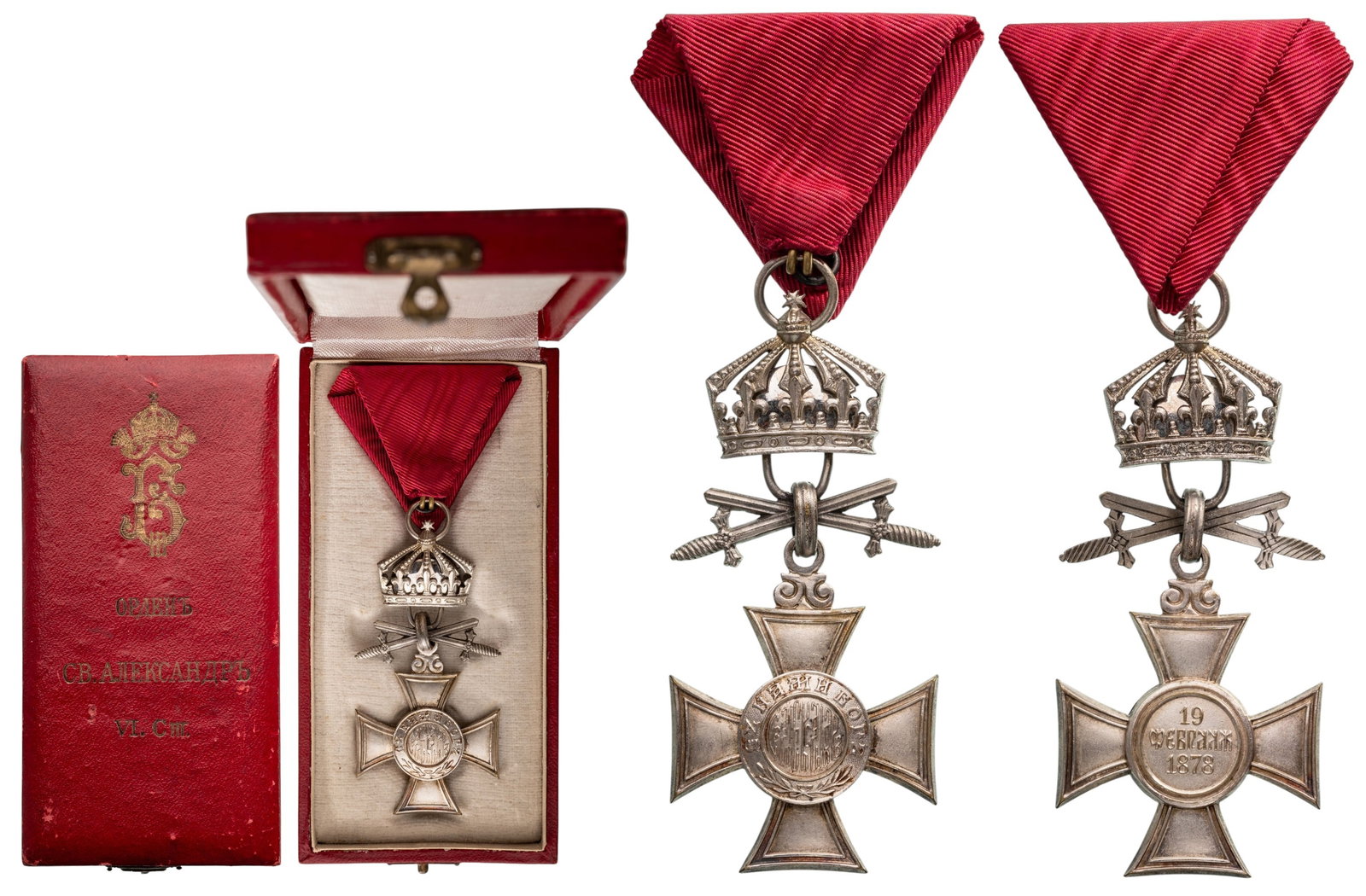 Order of Saint Alexander: 6th Class with Crown for Military in Time of Peace, instituted in 1882. Breast Badge, 79x36 mm, silvered, original suspension crown, ring and triangular ribbon, in case of issue with gilt monogram of 