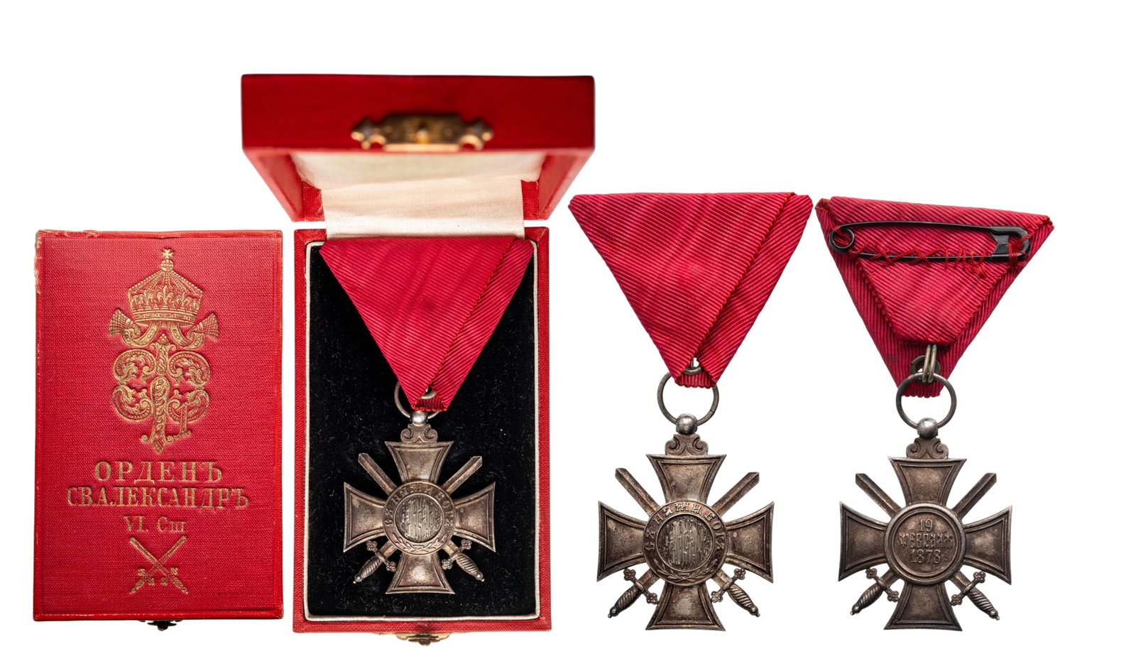 Order of Saint Alexander: 6th Class for Military, instituted in 1882. Breast Badge, 44x36 mm, silvered Bronze, original suspension ring and triangular ribbon, in case of issue with gilt inscription and monogram of King