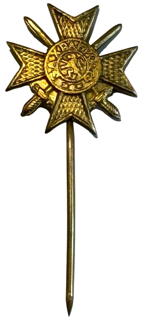 Order for Bravery, Soldier's Cross: 1st or 2nd Class, Miniature. Breast Badge, 17 mm., gilt Bronze, original long pin on reverse. Extremely fine condition! I