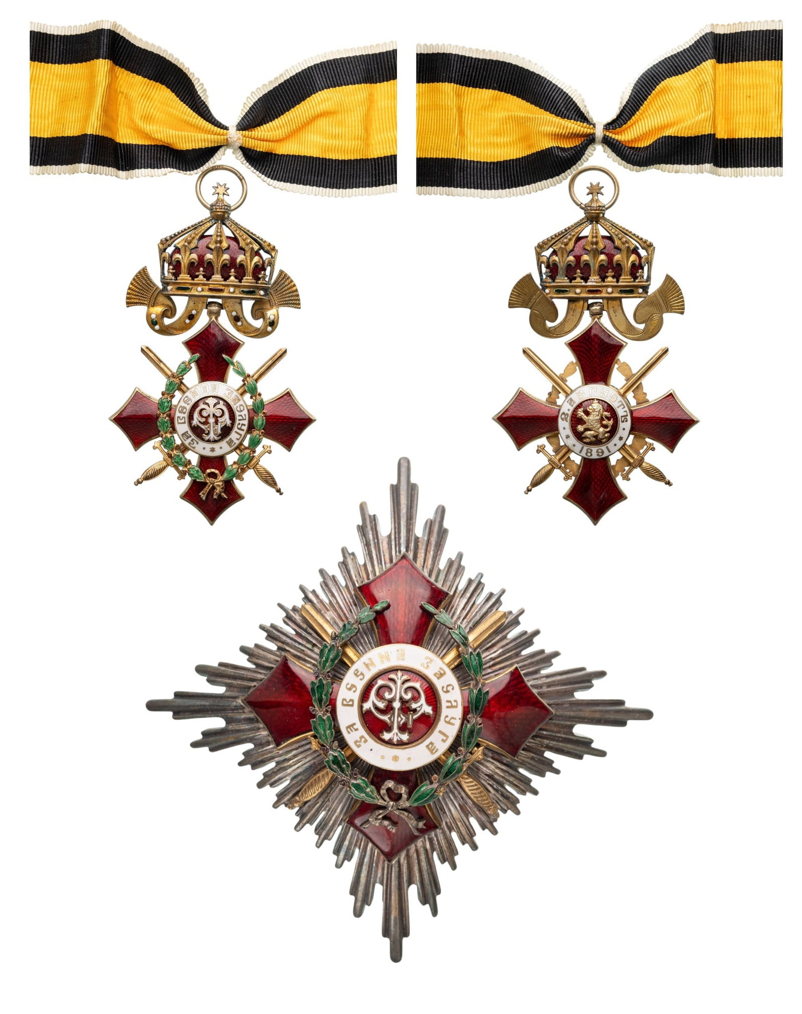 Order of Military Merit: 2nd Class Grand Officer's Set, 1st Model, 1900 - 1933. Neck Badge, 91x55 mm, gilt Silver, hallmarked "SILBER", with laurel wreath, original suspension ring, loop and ribbon. Breast Star, 96 mm, partia