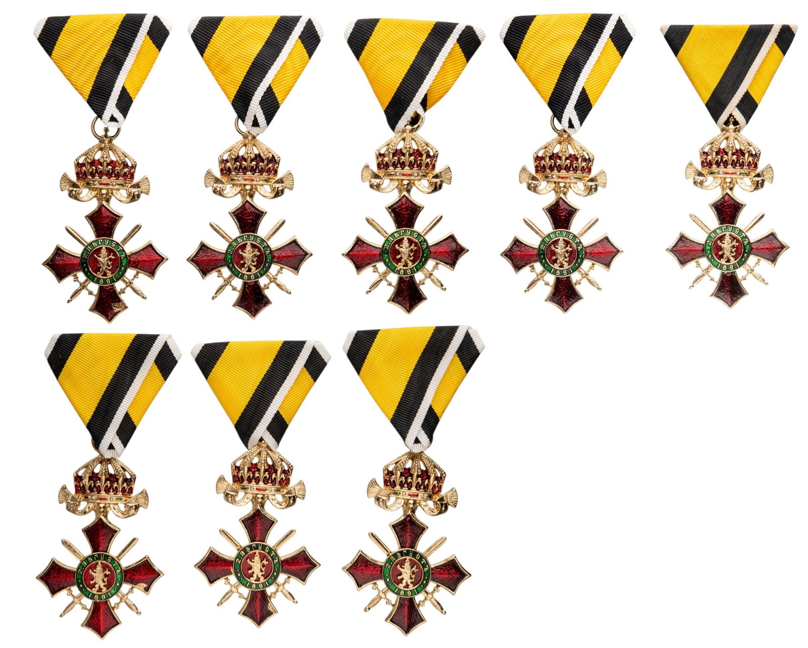 Order of Military Merit: Lot of 8. Officer's Cross, 4th Class, 1st Model, 1900 - 1933. Breast Badges, 75x48 mm, gilt metal, original suspension rings and ribbons. Modern collector's copies, in extremely fine condition! I (8)