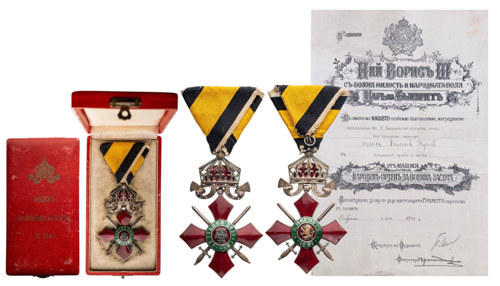 Order of Military Merit: Knight's Cross with Crown, 5th Class. Breast Badge, 73x47 mm., Silver, both sides enameled, original suspension ring and triangular ribbon, in original case of Issue, with gilt crown and inscription o