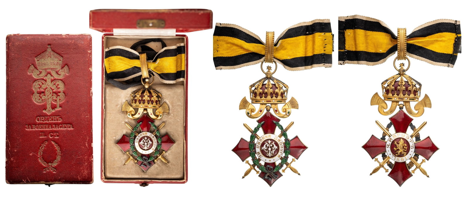 Order of Military Merit: Knight's Cross with Crown and Battlefield Distinction, 5th Class. Original case of Issue, with gilt monogram of King Ferinand I and inscription on the lid, inner fitting missing. IV