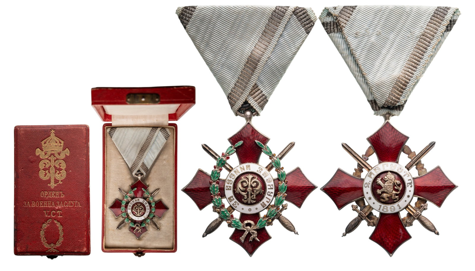 Order of Military Merit: Knight's Cross with Battlefield Distinction, 5th Class. Breast Badge, 54x51 mm., Silver, both sides enameled, original suspension ring and triangular ribbon, in original case of Issue, with gilt monog
