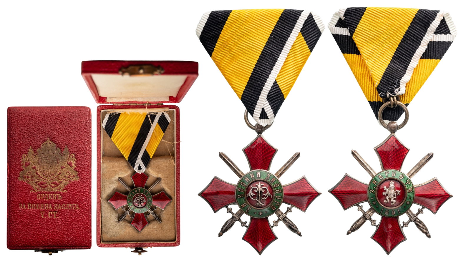 Order of Military Merit: Knight's Cross, 5th Class. Breast Badge, 54x50 mm., Silver, both sides enameled, original suspension ring and triangular ribbon, in original case of Issue, with gilt weapon and inscription on the lid.