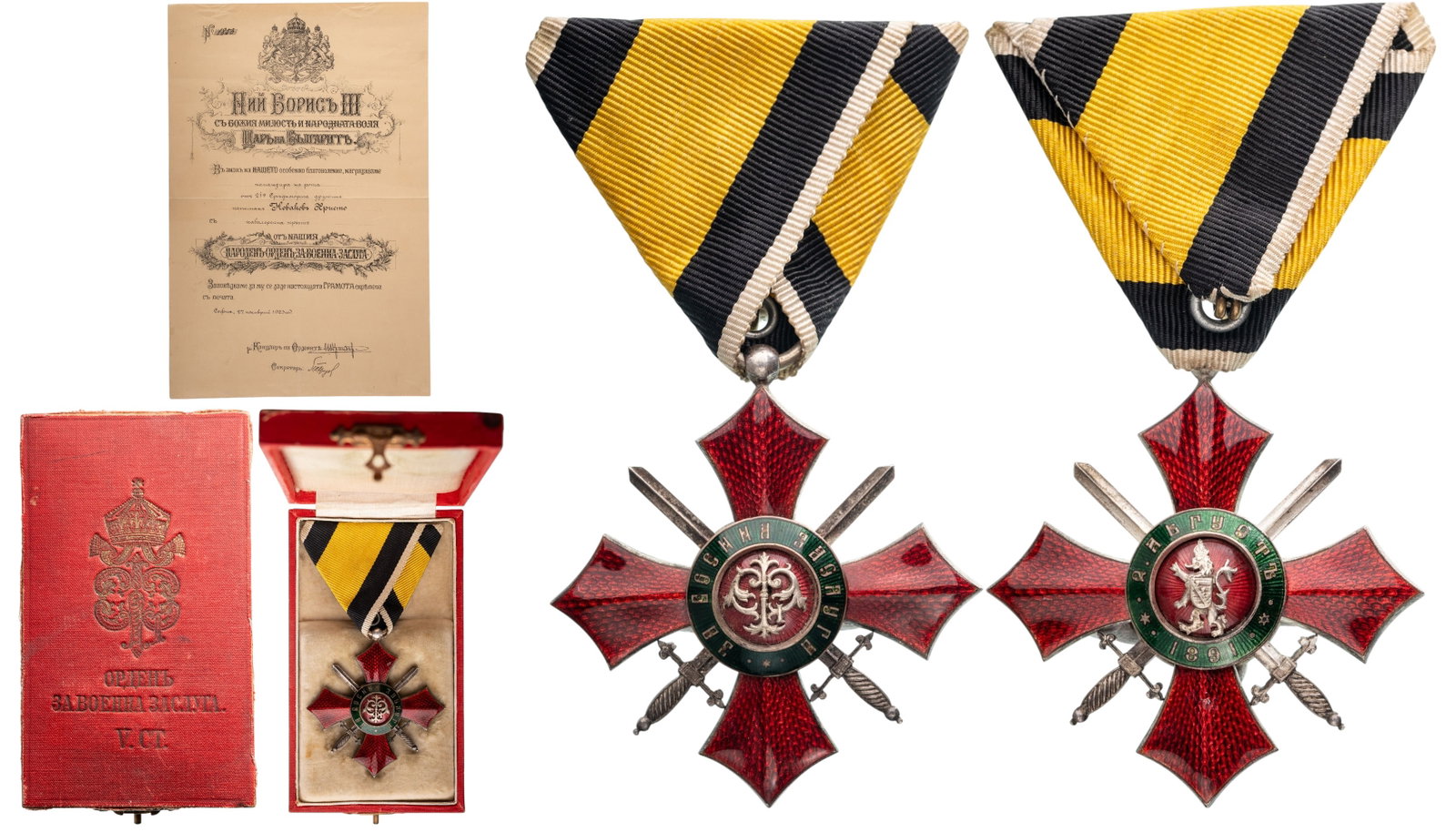 Order of Military Merit: Knight's Cross, 5th Class. Breast Badge, 54x50 mm., Silver, both sides enameled, original suspension ring and triangular ribbon, in original case of Issue, with gilt monogram of King Ferdinand I and i
