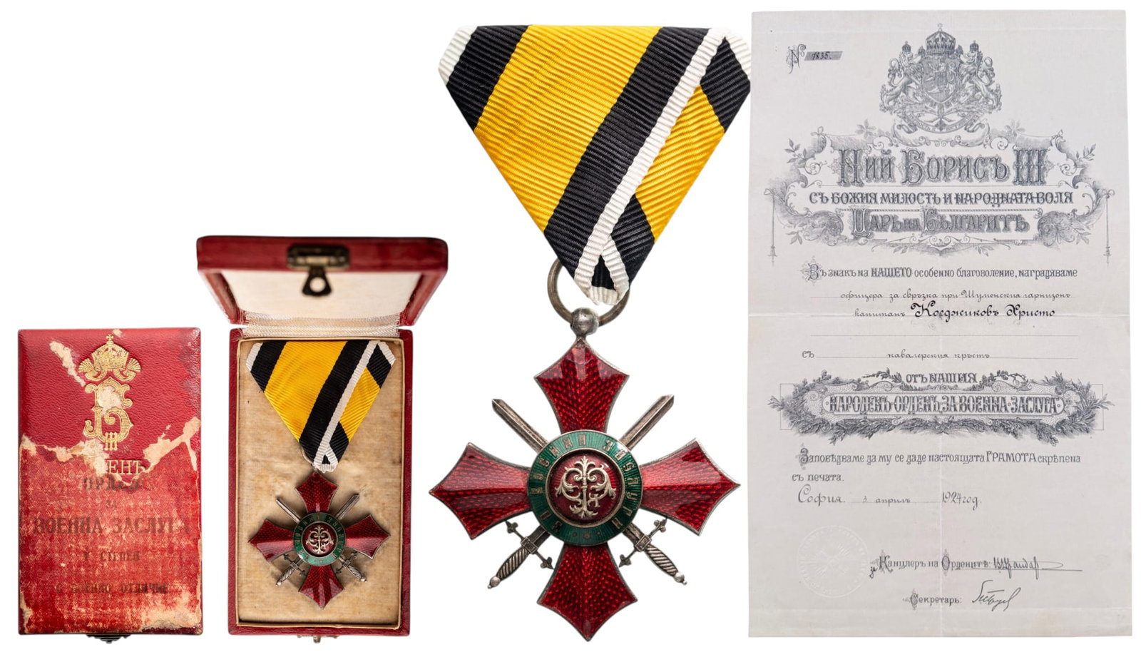 Order of Military Merit: Knight's Cross, 5th Class. Breast Badge, 53x50 mm., Silver, both sides enameled, reverse center missing, original suspension ring and triangular ribbon, in original damaged case of Issue, with gilt mo