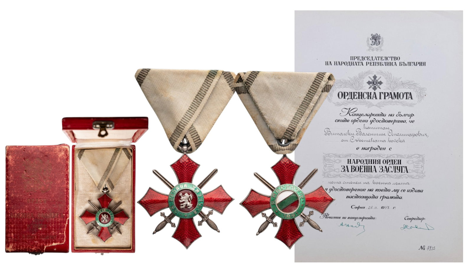 Order of Military Merit: Knight's Cross, 5th Class, Republic Model, 1944-1950. Breast Badge, 55x51 mm., Silver, both sides enameled, original suspension ring and triangular ribbon, in used case of issue, with gilt Republican 