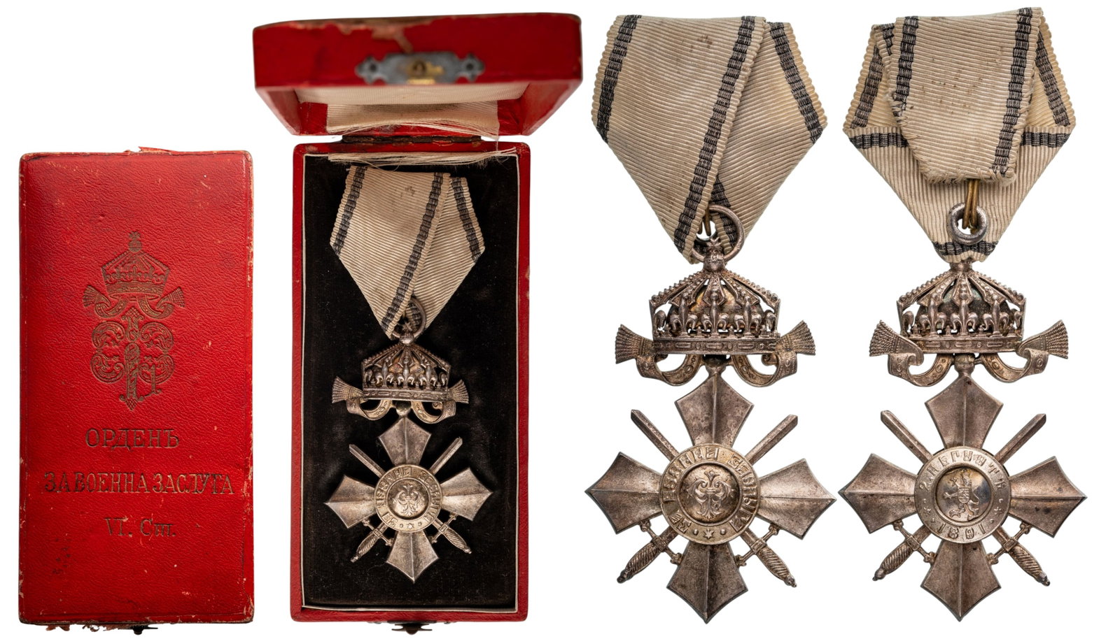 Order of Military Merit: 6th Class Cross with Crown, 1st Model, 1900 - 1933. Breast Badge, 69x45 mm, Silver, original suspension ring and ribbon, in case of issue, with gilt monogram of King Ferdinand I and inscription on the