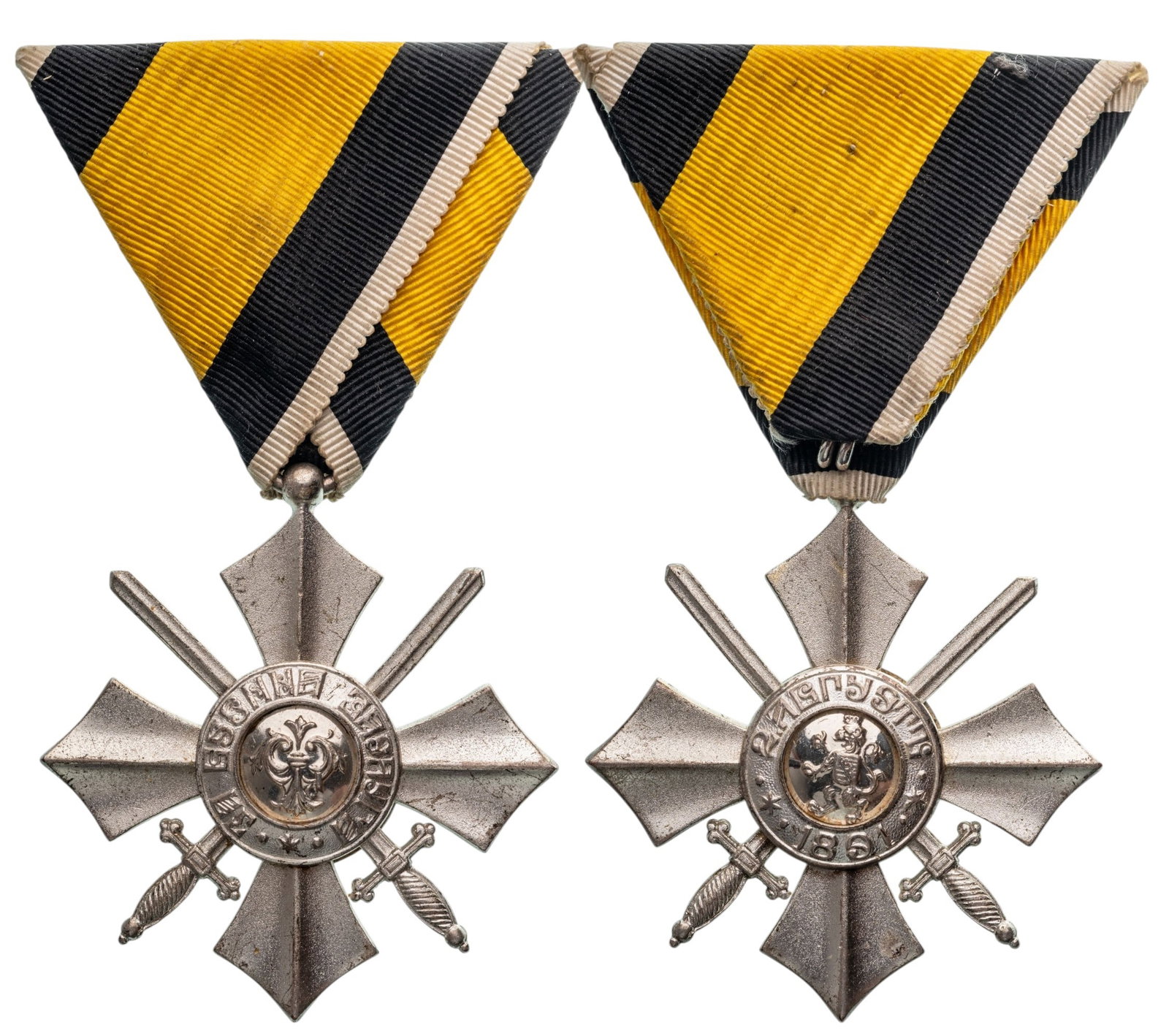Order of Military Merit: 6th Class Cross, 1st Model, 1900 - 1933. Breast Badge, 50x45 mm, silvered, original suspension ring and ribbon. Extremely fine condition and best quality! I