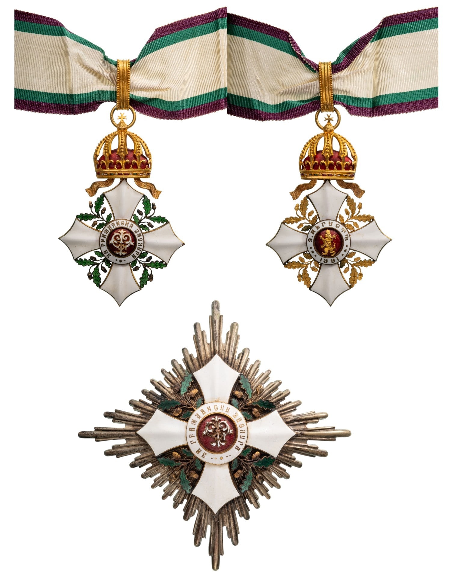 Order for Civil Merit: Grand Officer's Set, 2nd Class, 1st Type Neck Badge, 95x62 mm, gilt Bronze, both sides enameled, original suspension ring, loop and ribbon. Breast Star, 98 mm., Silver, superimposed part enameled, thi