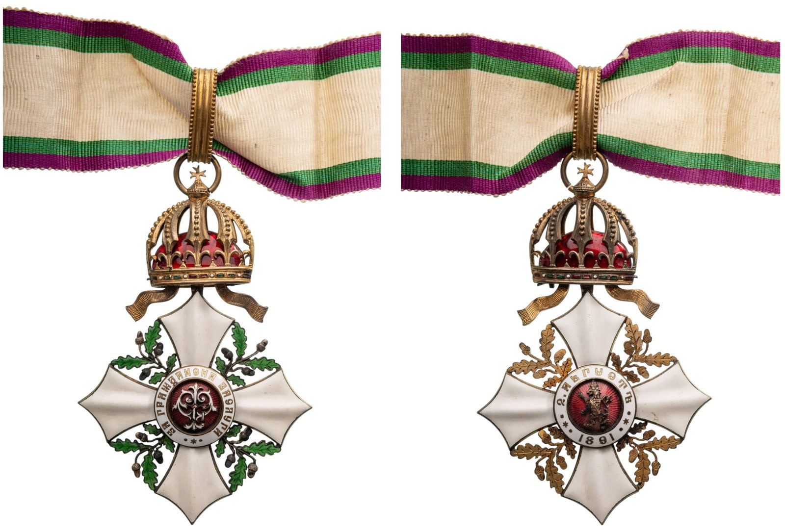 Order for Civil Merit: Commander's Cross, 3rd Class, 1st Type. Neck Badge, 95x63 mm, gilt Bronze, both sides enameled, original suspension crown, ring, loop and ribbon. A rare, early badge, in extremely fine condition! I R!