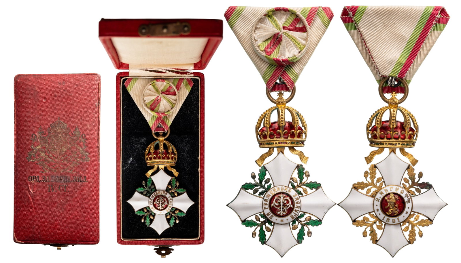 Order for Civil Merit: Officer's Cross with Crown, 4th Class, 1st Model, Prince Ferdinand I issue. Breast Badge, 77x50 mm, gilt Bronze, enameled, original suspension ring and triangular ribbon, in case of issue, with gilt w