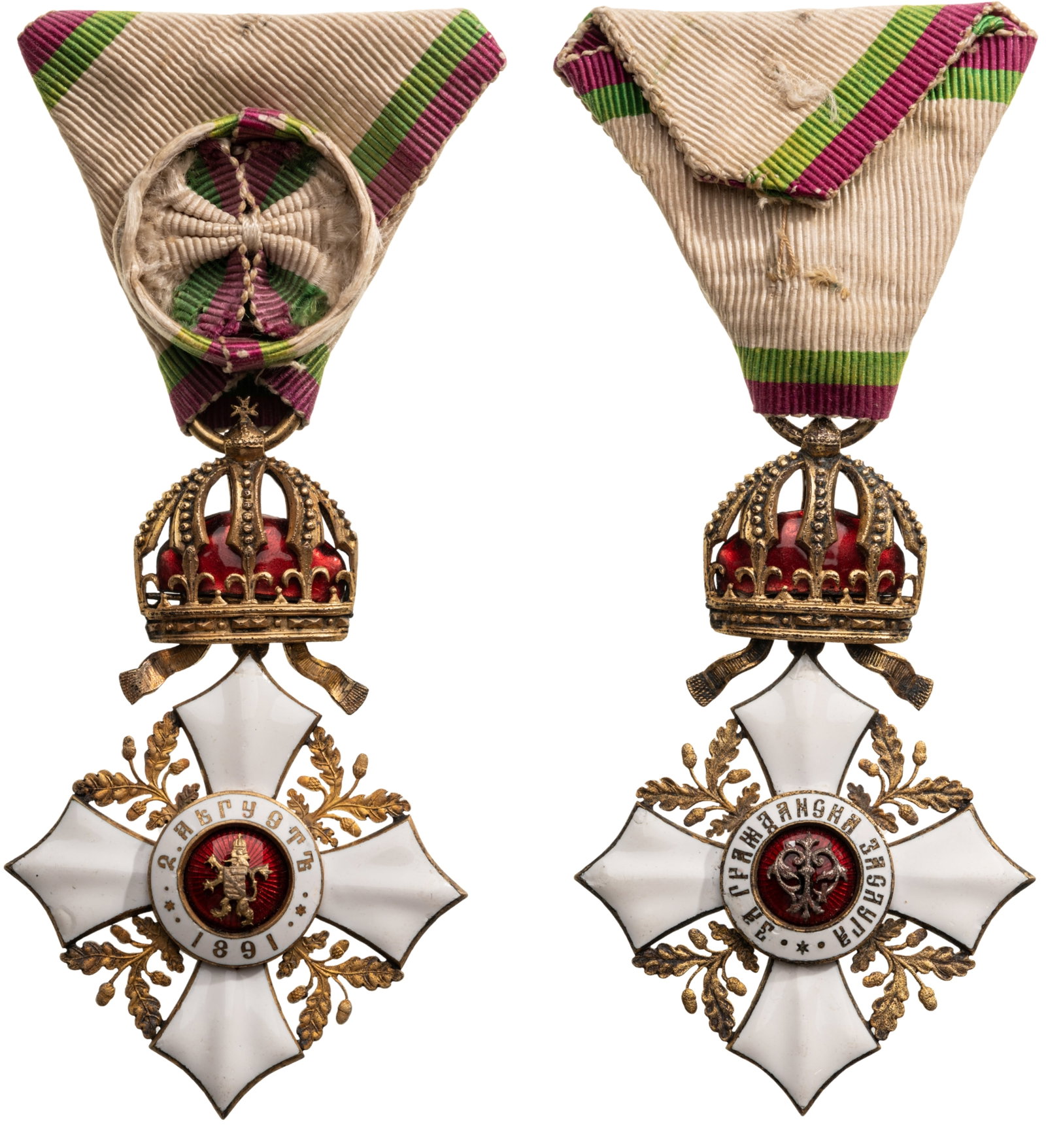 Order for Civil Merit: Officer's Cross with Crown, 4th Class, 1st Model, Prince Ferdinand I issue. Breast Badge, 77x50 mm, gilt Bronze, enameled, original suspension ring and triangular ribbon. A scarce badge of best qualit