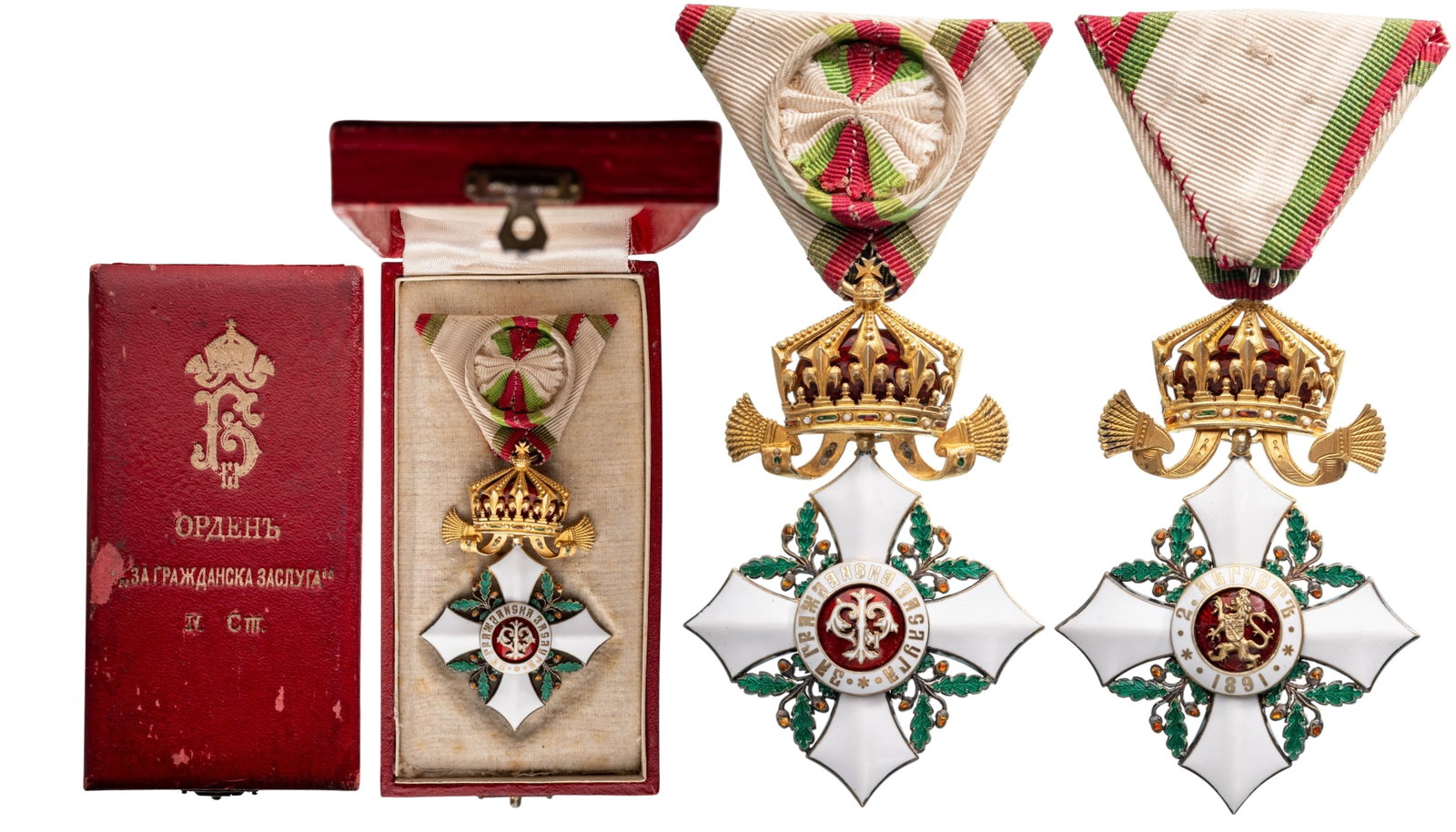 Order for Civil Merit: Officer's Cross with Crown, 4th Class, 3rd Model, King Boris III issue. Breast Badge, 72x47 mm, gilt Bronze, enameled, original suspension ring and triangular ribbon, in case of issue, with gilt monog