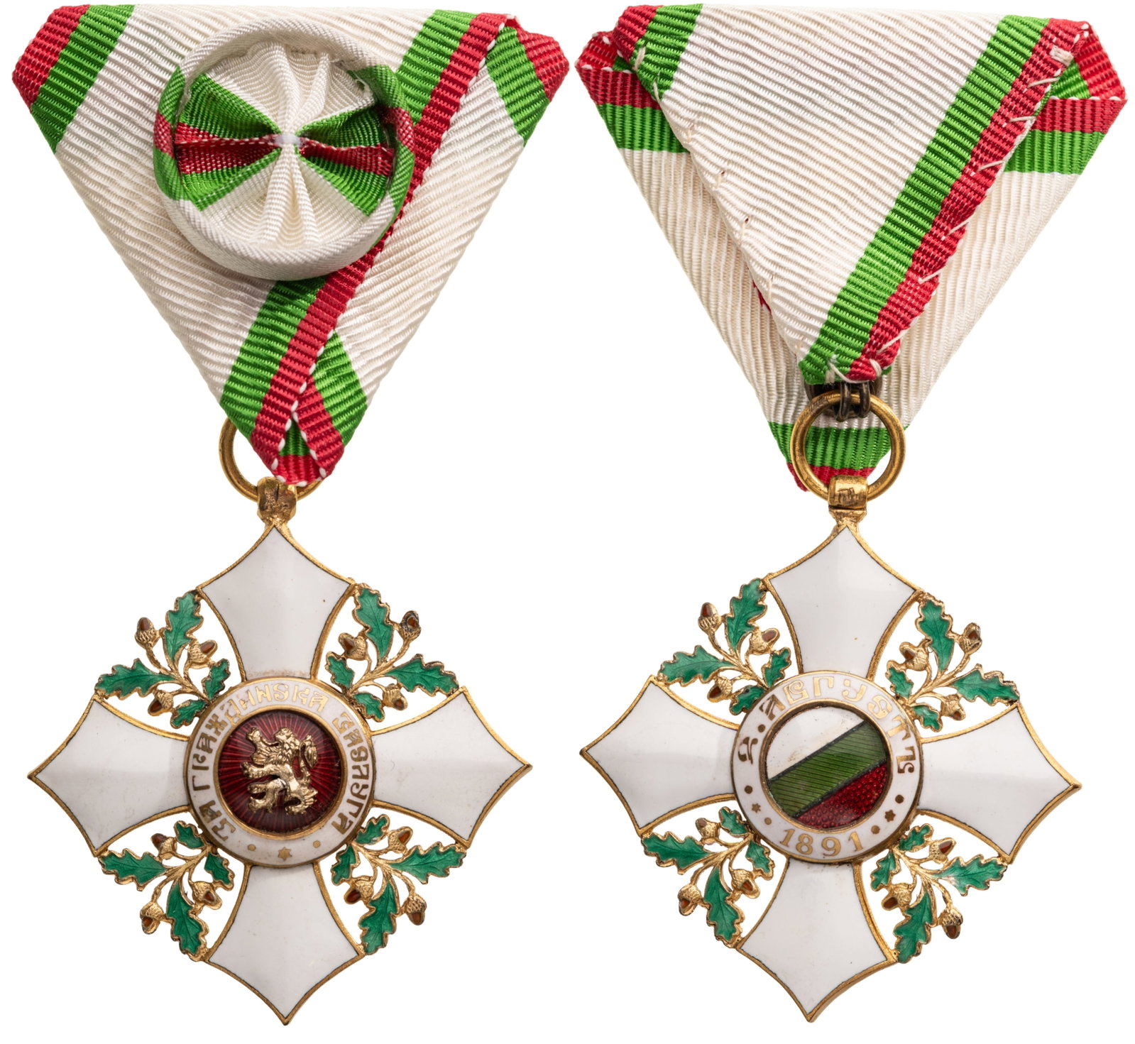 Order for Civil Merit: Officer's Cross, 4th Class, 3rd Model, King Boris III issue. Breast Badge, 52x48 mm, gilt Bronze, enameled, original suspension ring and triangular ribbon. A badge in extremely fine condition! I