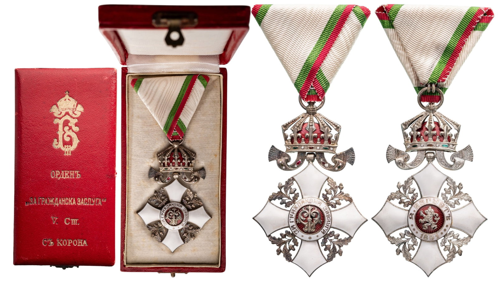 Order for Civil Merit: Knight's Cross with crown, 5th Class, King Boris III issue. Breast Badge, 75x48 mm, silvered, enameled, original suspension crown, ring and triangular ribbon, in case of issue, with gilt monogram of K