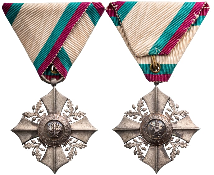Order for Civil Merit: 6th Class Cross, Tsar Boris III Emission. Breast Badge, 50x45 mm, silvered, original suspension ring and triangular ribbon, Extremely fine condition! I