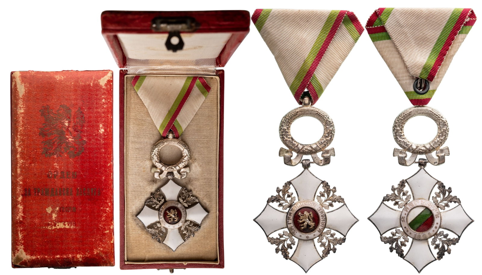Order for Civil Merit: Knight's Cross with Wreath, 5th Class, Republic Model 1944-1950. Breast Badge, 79x48 mm, silvered, enameled, original suspension wreath, ring and triangular ribbon, in original worn case of issue, wit