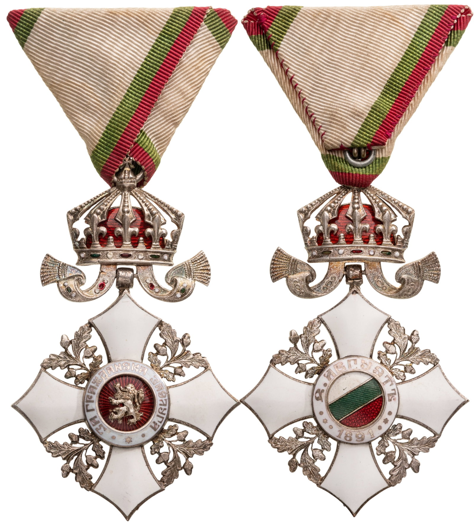 Order for Civil Merit: Knight's Cross with Crown, 5th Class, Republic Model 1944-1950. Breast Badge, 74x48 mm, silvered, enameled, original suspension crown, ring and triangular ribbon. Rare and superb! I R!