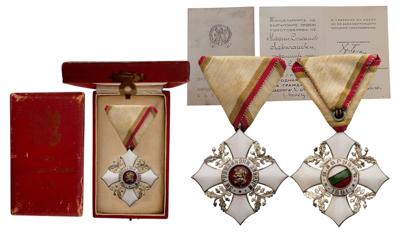 Order for Civil Merit: Knight's Cross, 5th Class, Republic Model 1944-1950. Breast Badge, 50 mm, Silver, central medallion enameled, original suspension ring and triangular ribbon, in original case of issue, with Republic g