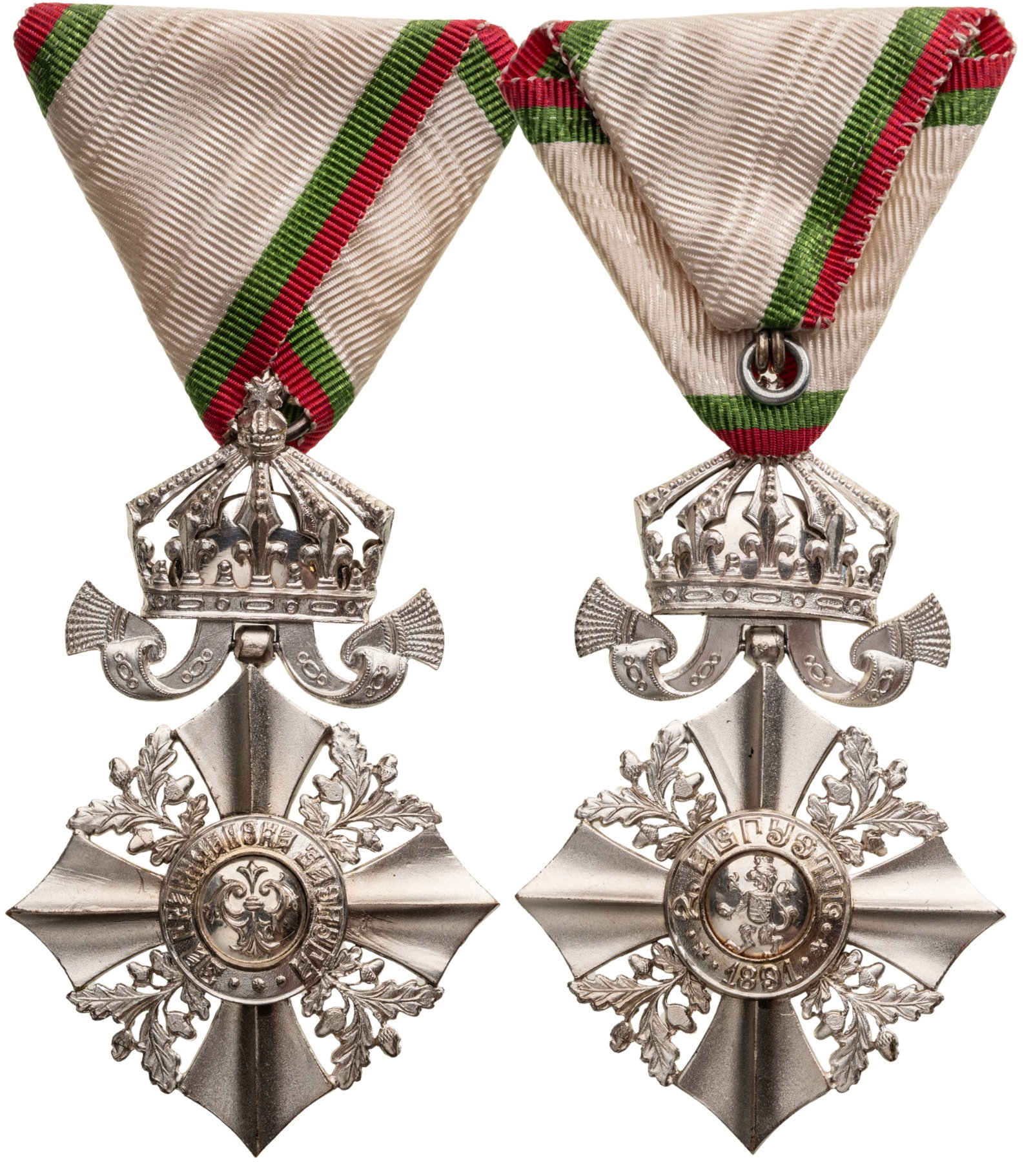 Order for Civil Merit: 6th Class with Crown, King Ferdinand I issue. Breast Badge, 73x46 mm, silvered, original suspension crown, ring and triangular ribbon. Mint condition! I