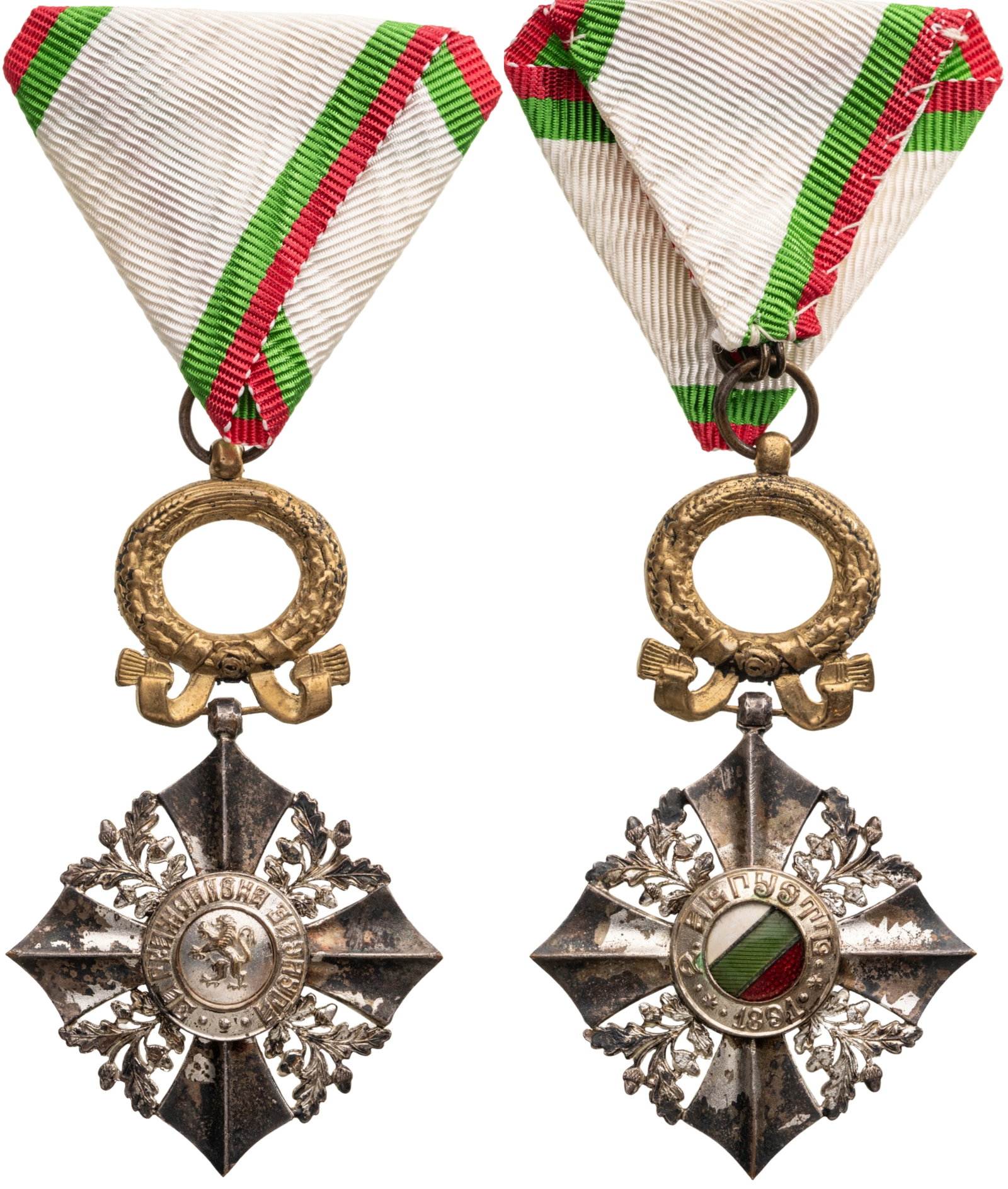 Order for Civil Merit: 6th Class with Wreath, Republic Issue, 1944 - 1950. Breast Badge, 77x46 mm, silvered, original gilt suspension wreath, ring and triangular ribbon. A rare and interesting model, with gilt wreath, in ex