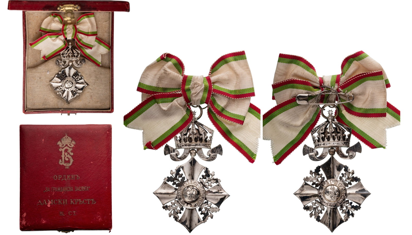 Order for Civil Merit: Ladies Cross, 3rd Class with Crown. Breast Badge, 73x46 mm, silvered, original suspension crown, ring and ribbon with bow, in case of issue, with gilt monogram of King Boris III and inscription on the