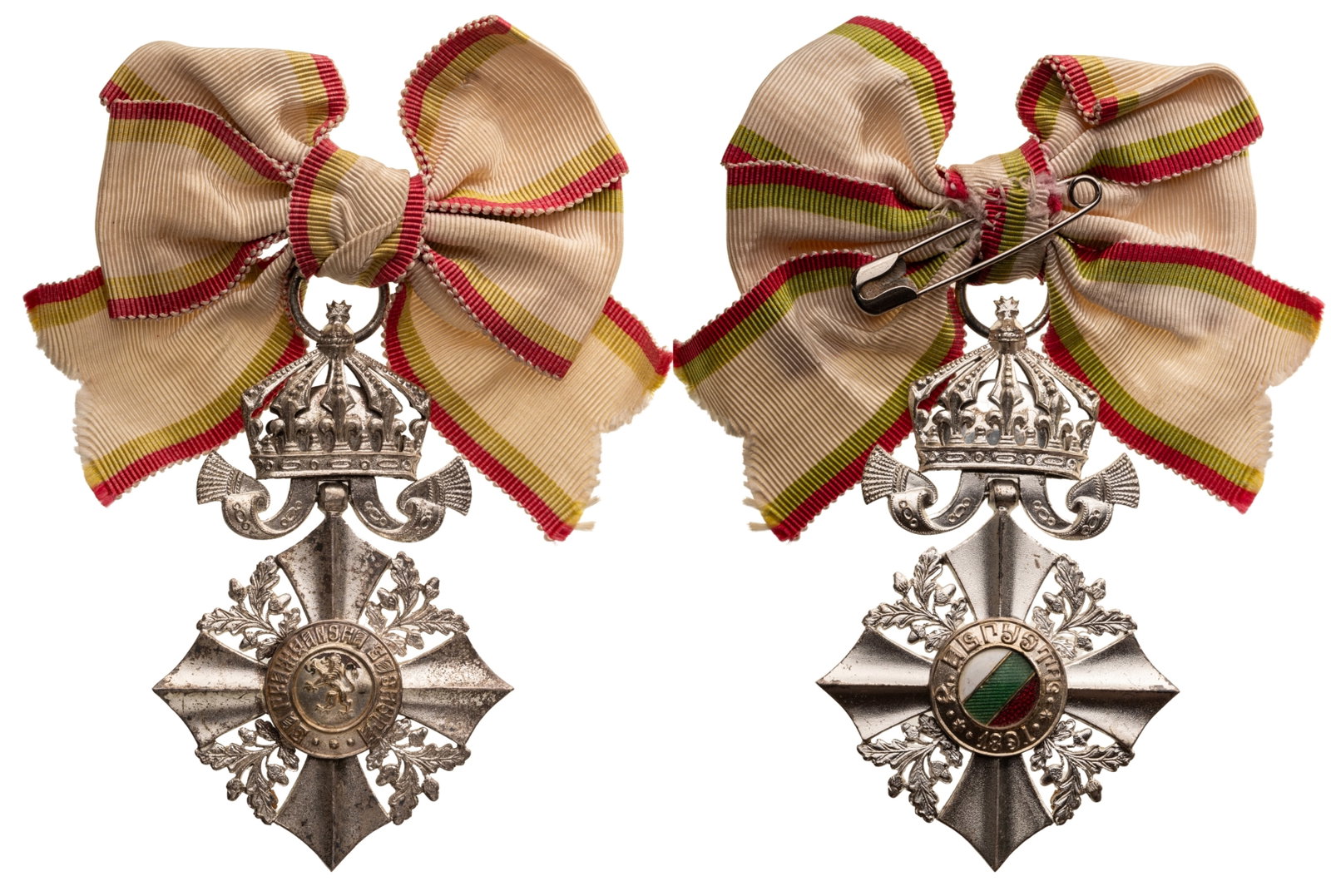 Order for Civil Merit: Ladies Cross, 3rd Class with Crown, Republic Issue, Republic Issue, 1944 - 1950. Breast Badge, 72x46 mm, silvered, original suspension crown, ring and ribbon with bow. Rare and superb! I R!