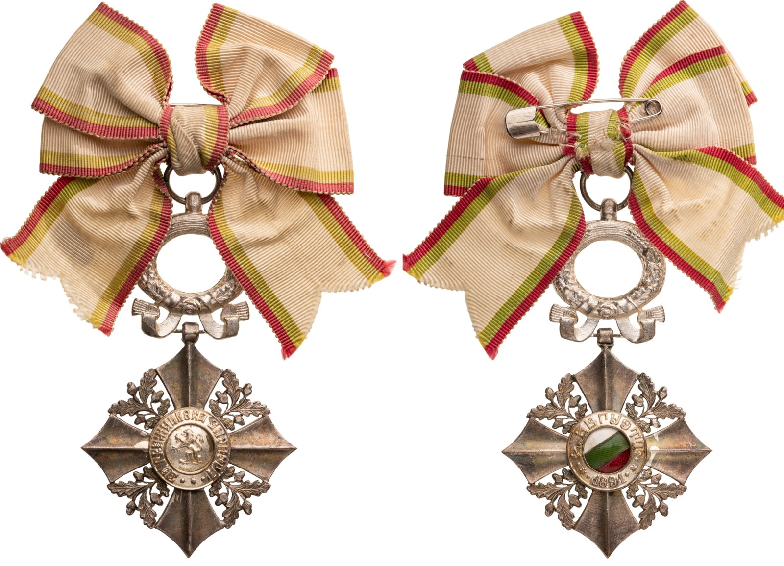 Order for Civil Merit: Ladies Cross, 3rd Class with Wreath, Republic Issue, 1944 - 1950. Breast Badge, 78x46 mm, silvered, original suspension wreath, ring and ribbon with bow. Rare and superb! I R!